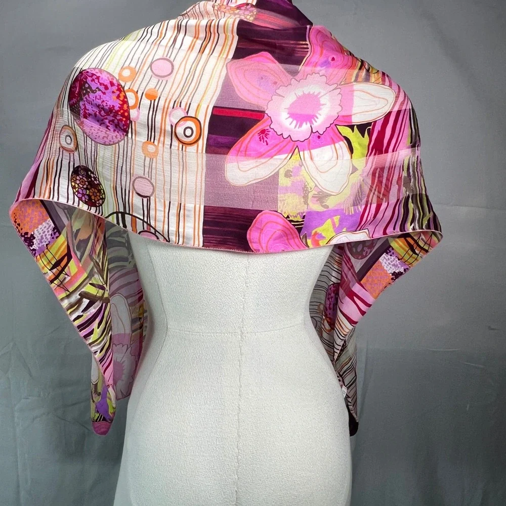 Silk Scarf Made in France Abstract Floral Print Pink Chic Eclectic Y2K Colorful - Picture 6 of 13